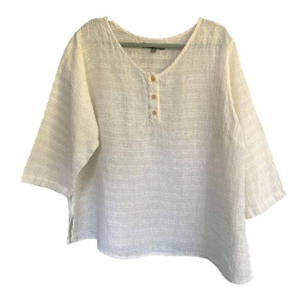 FLAX by Jeanne Engelhart 100% Linen Lagenlook Cream Ivory Blouse Tunic Top Sz Lg - Picture 2 of 7